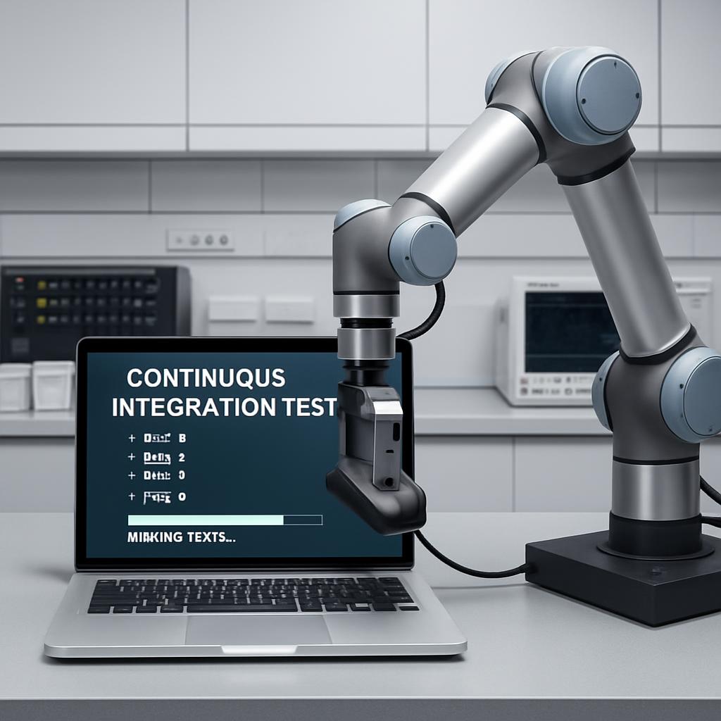 A laptop displays the heading "Continuous Integration Test" in its screen, along with a "Mirking texts..." message. A robo...