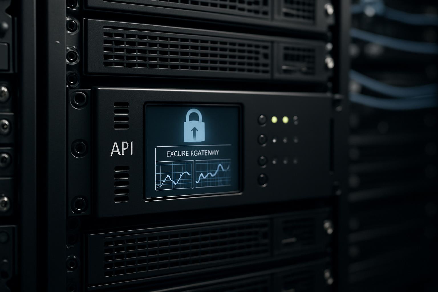 Computer system servers with secure gateway access protected by an up arrow icon and line graphs showing secure throughput...
