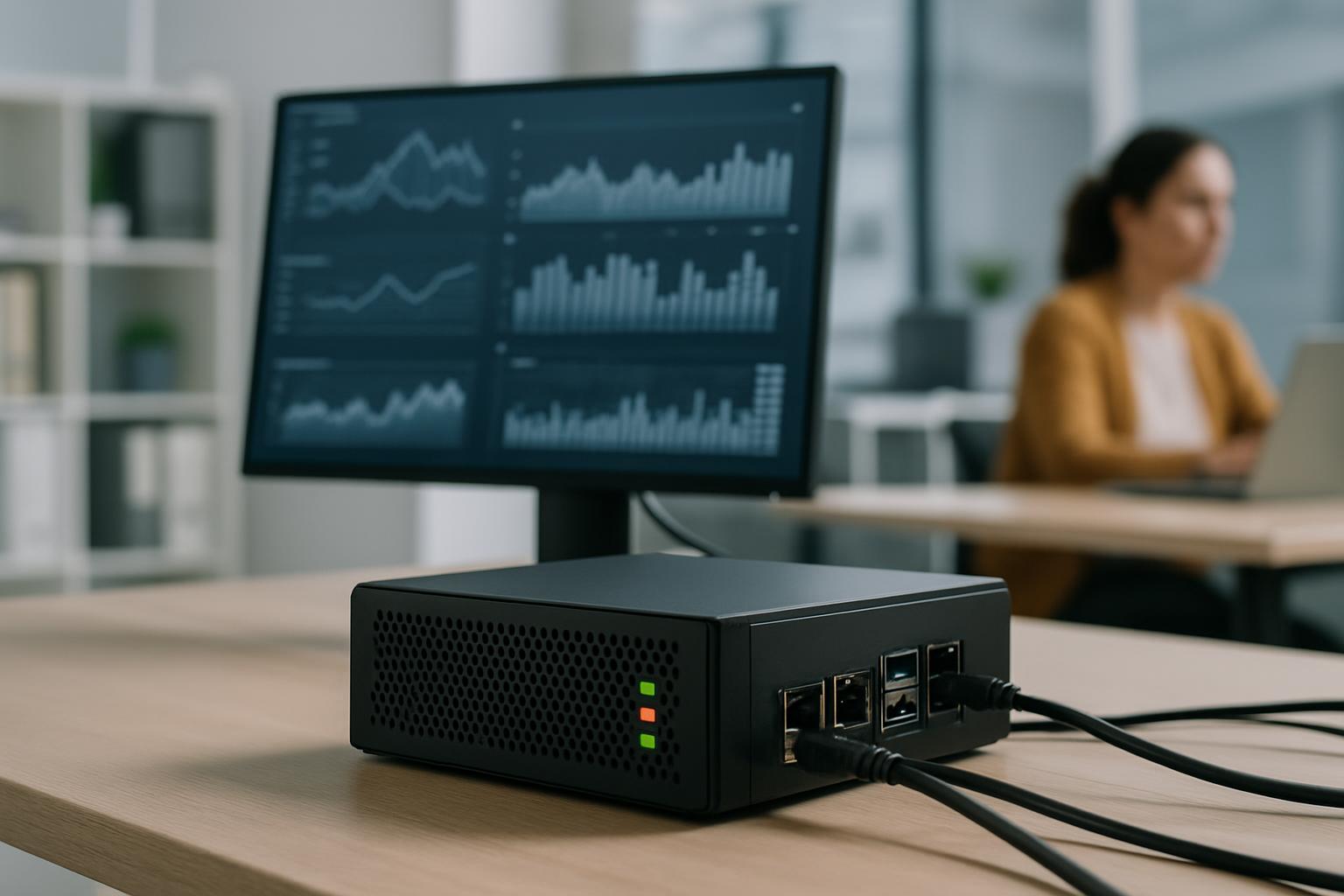 A computer monitor set up on a desk, displaying graphs and charts, with a network card attached to the desk in the foregro...